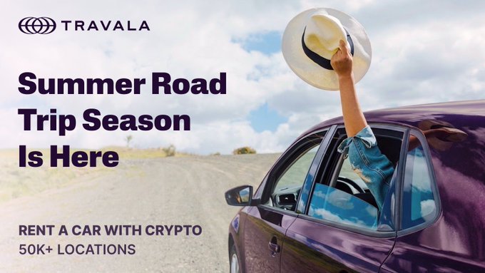 A promotional banner for Travala features the tagline "Summer Road Trip Season Is Here — Rent a Car with Crypto, 50k+ Locations," accompanied by an image of a person leaning out of a car window holding a sun hat along a desert road, perfectly capturing the carefree spirit of a crypto-funded summer getaway.