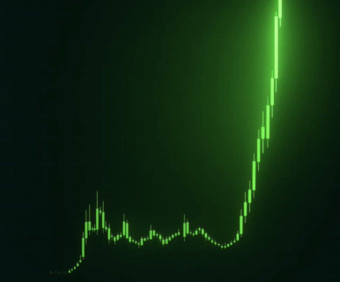 A green candlestick chart shows a sharp upward trend on the right side against a dark background.