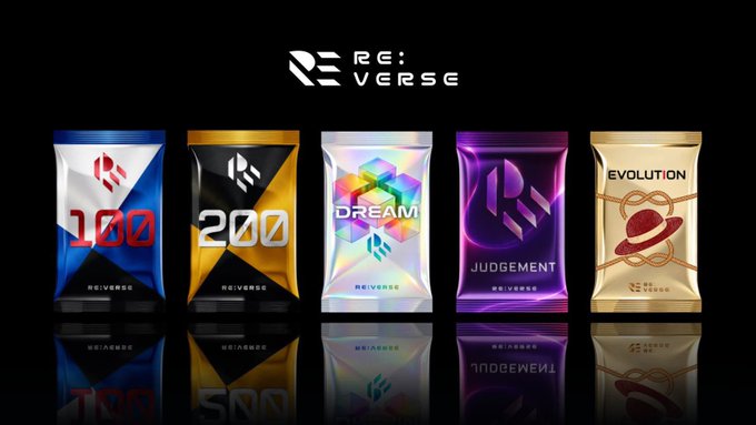 Five foil collectible card packs are displayed under the "RE:VERSE" logo, labeled "100" (red/white), "200" (gold/black), "DREAM" (holographic), "JUDGEMENT" (purple), and "EVOLUTION" (gold with a Poké Ball). The pack designs—including the Poké Ball on "EVOLUTION"—correspond to the Pokémon and One Piece themed gacha packs offered by @reverse_tcg on Monad.