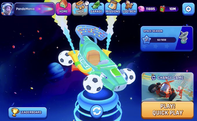 The main menu screen of a mobile racing game featuring a green rocket ship with soccer balls, with user 'PandaMania' displayed at the top, gems and coins, and a 'SPACE SEASON 31' progress bar.
