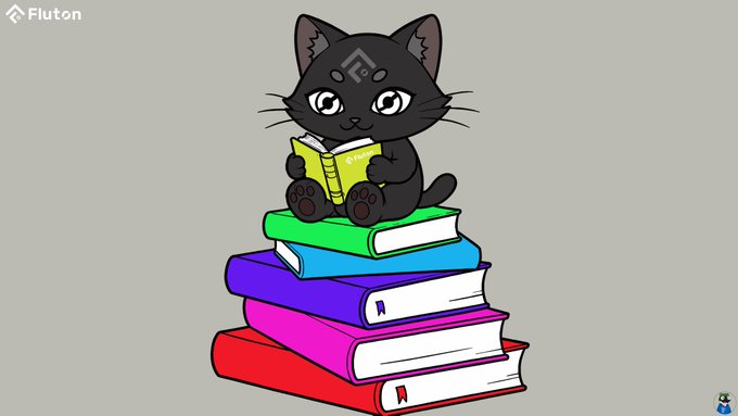 A cartoon illustration of a black cat wearing a cap and reading a yellow book, sitting on a stack of colorful books with a 'Fluton' watermark.