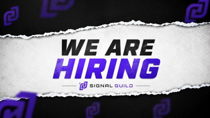 A torn-paper style graphic with a black background features the bold text "WE ARE HIRING" in white and purple, along with the Signal Guild logo, promoting recruitment for content creators in India for Web3 and crypto content with paid incentives.