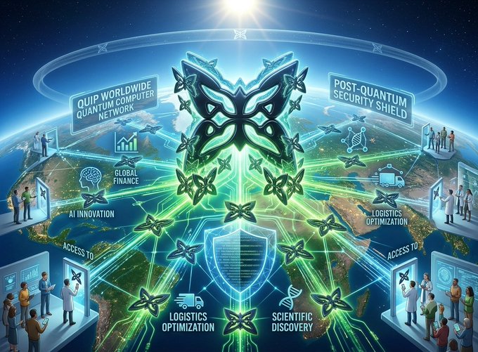 A futuristic graphic depicts the Quip Worldwide Quantum Computer Network as a glowing butterfly-shaped emblem radiating green energy across a digital Earth, with surrounding labels including "POST-QUANTUM SECURITY SHIELD," "AI INNOVATION," "GLOBAL FINANCE," "LOGISTICS OPTIMIZATION," and "SCIENTIFIC DISCOVERY." The imagery visually reinforces the post's message by illustrating Quip Network's vision of democratizing quantum computing as open global infrastructure with applications spanning finance, science, and logistics.