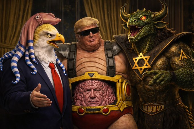 A surreal digital artwork featuring a bald figure with an exposed brain in his torso flanked by an eagle-headed man in a suit and a green reptilian humanoid wearing a Star of David and a 'VALDABIATCH' belt.