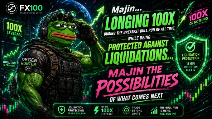 A promotional crypto trading banner for FX100 featuring a muscular Pepe the Frog character in tactical gear, advertising '100X LEVERAGE' and 'LIQUIDATION PROTECTION' with the slogan 'MAJIN THE POSSIBILITIES.'