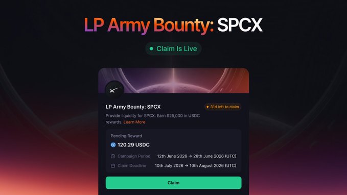 A promotional graphic for 'LP Army Bounty: SPCX' with 'Claim Is Live' status, showing a pending reward of 120.29 USDC and a campaign period from 12th June 2026 to 26th June 2026 (UTC), with a claim deadline of 10th July 2026 to 10th August 2026 (UTC).