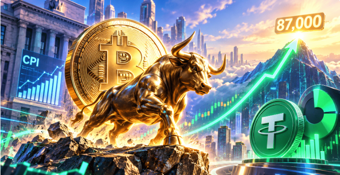 A digital artwork showing a golden bull statue and Bitcoin coin with 'CPI' chart, a green upward arrow displaying '87,000', a Tether (USDT) coin, and city skyscrapers, suggesting a bullish cryptocurrency market forecast.