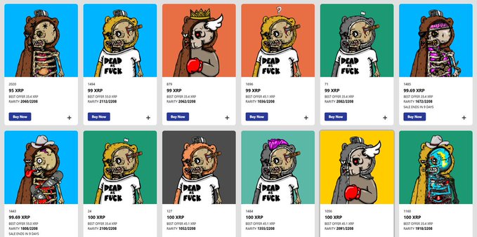 A grid displaying multiple NFT character cards from a Deadfellaz-style collection, featuring zombie-like figures wearing 'DEAD FUCK' shirts with prices and 'Buy Now' buttons.
