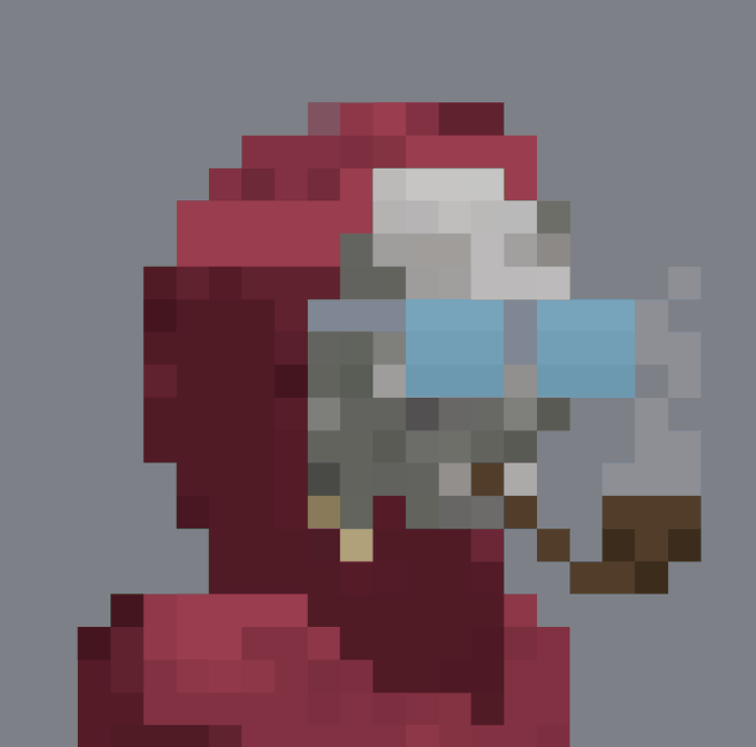 Pixel art illustration of a red-hooded figure with a gray bearded face holding what appears to be a blue crystal or object against a gray background.