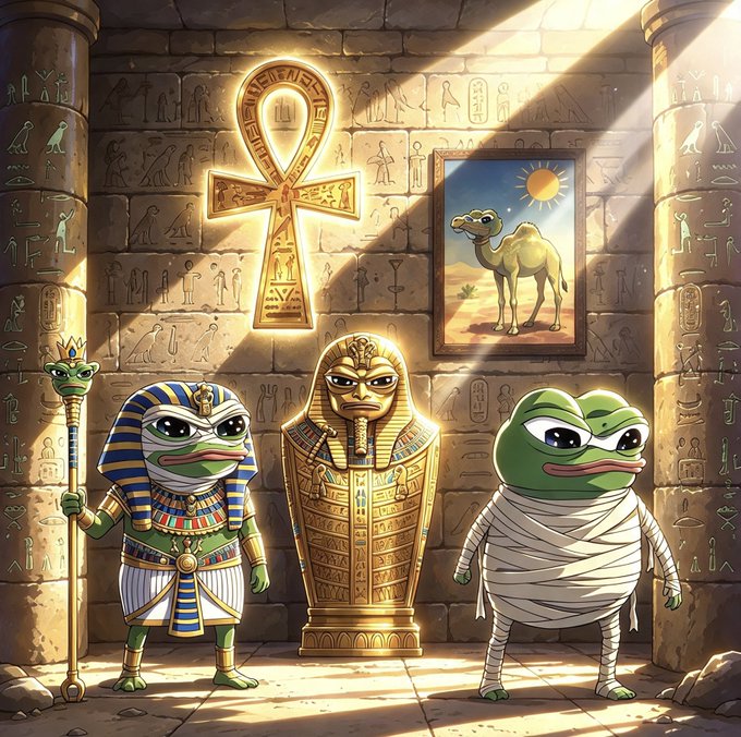 An Egyptian-themed illustration showing two Pepe the Frog characters dressed as pharaohs standing beside a golden sarcophagus in a hieroglyphic-covered temple, with an ankh on the wall and a painting of a camel.