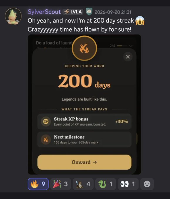 A Discord message from user 'SylverScout' in the LVLA server celebrates a 200-day streak with a screenshot from the Duolingo app showing a 'Keeping Your Word' milestone and a +30% streak XP bonus.