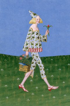 A vintage-style illustration of a blonde woman in a floral dress and matching hat walking through a green field while holding flowers and a basket.