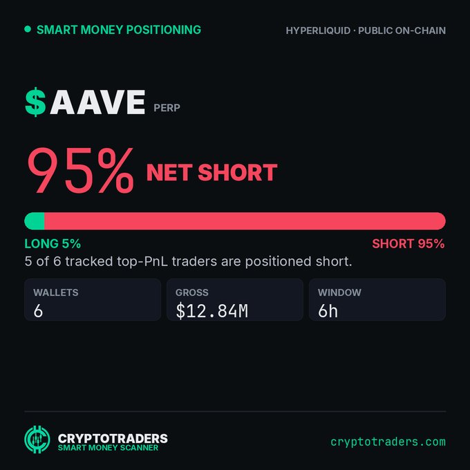 A dark-themed dashboard from CryptoTraders.com showing "Smart Money Positioning" for $AAVE PERP on Hyperliquid, with a red bar indicating 95% Net Short (5% Long, 95% Short), noting 5 of 6 tracked top-PnL traders are short with $12.84M gross across a 6-hour window—matching the post's warning about extreme crowding in AAVE shorts.