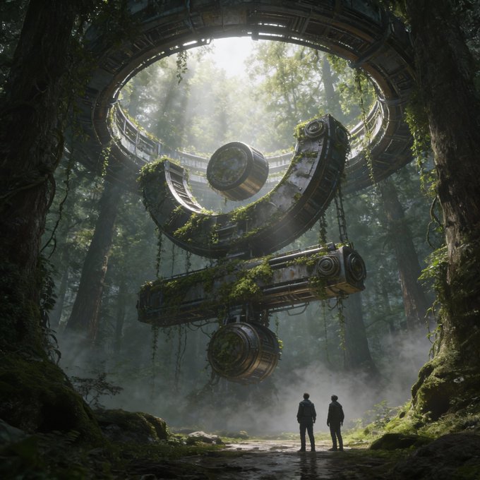 A cinematic sci-fi fantasy scene showing two silhouetted figures standing before a massive ancient circular structure overgrown with vines and moss in a misty forest.
