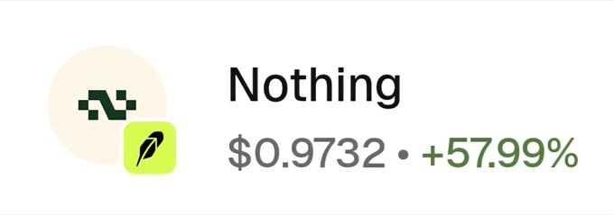 A crypto price display showing 'Nothing' at $0.9732 with a +57.99% gain, featuring a pixelated 'N' logo and a green leaf icon.