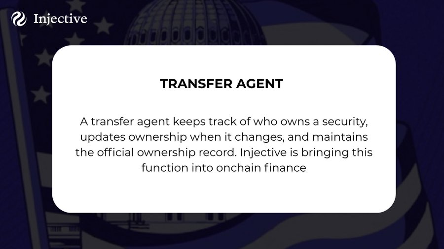Injective explains that a transfer agent tracks security ownership, updates records when ownership changes, and maintains the official ownership register. The graphic notes that Injective is bringing this function into onchain finance.
