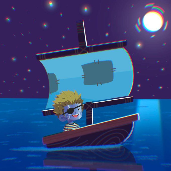 A digital illustration depicts a young, blonde-haired character wearing an eye patch, sailing a small wooden pirate ship across a calm sea under a starry night sky with a glowing moon.