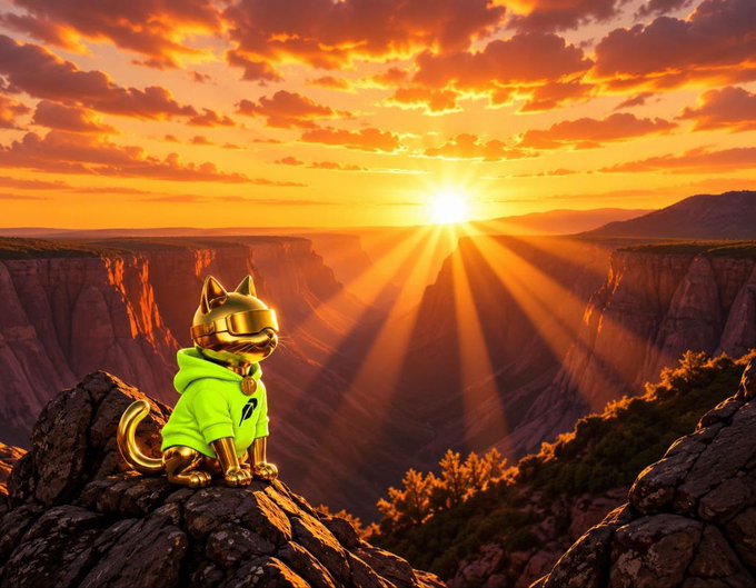 A golden cat wearing a green hoodie and goggles sits on a cliff overlooking a canyon at sunset with vibrant orange and yellow sun rays.