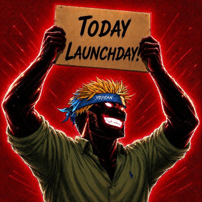 A stylized anime illustration of a menacing figure with spiky blonde hair wearing a blue headband labeled 'XRP/SAN', holding up a cardboard sign that reads 'TODAY LAUNCHDAY!' against a dramatic red background.
