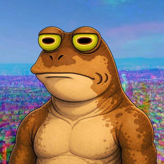 A digital illustration of a muscular, anthropomorphic frog or lizard character with large green eyes, set against a colorful, abstract background.