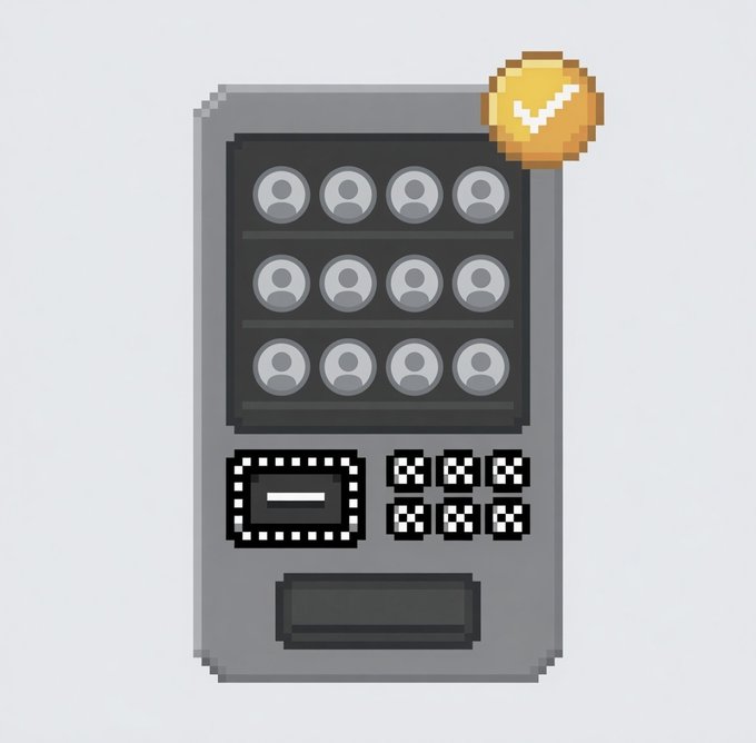A pixel-art vending machine displaying rows of generic user profile icons, featuring a golden Solana coin badge in the upper right corner—symbolizing users offering or "vending" their services in exchange for SOL payments.