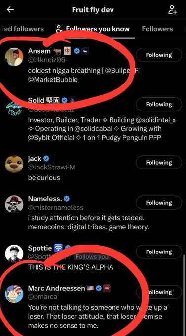 A screenshot of a Twitter followers list for 'Fruit fly dev', with 'Ansem' (@blknoiz06) and 'Marc Andreessen' (@pmarca) circled in red.