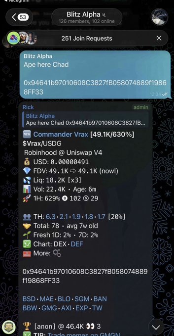 Telegram screenshot of a 'Blitz Alpha' channel with 126 members, showing a bot message 'Ape here Chad' with a wallet address 0x94641b97010608C3827fB058074889f19868FF33, followed by trading information for token $Vrax with a market cap of 49.1K and a 630% gain.