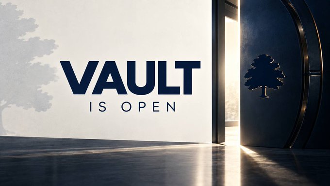 A promotional image with the text 'VAULT IS OPEN' next to an open heavy metal door revealing light streaming in, with a tree logo on the door.