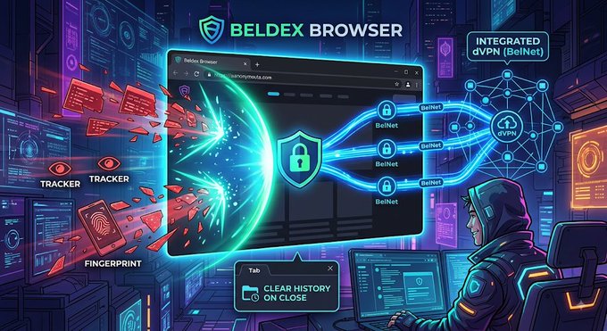 An advertisement for 'BELDEX BROWSER' features a hooded hacker character, a browser window with an 'INTEGRATED dVPN (BelNet)' shield, and a 'CLEAR HISTORY ON CLOSE' tab being blocked by a shield from trackers and fingerprinting.