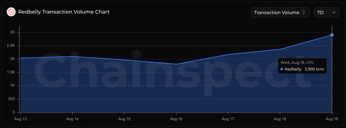 A Chainspect line chart titled "Redbelly Transaction Volume Chart" displays a 7-day view of Redbelly network activity, hovering near 2,000 transactions through Aug 13–17 before climbing to a peak of 2,905 txns on Wednesday, Aug 19 (UTC), highlighting last week's notable uptick in on-chain throughput.