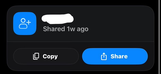 A mobile sharing interface with a Contacts icon, 'Shared 1w ago' text, and buttons for 'Copy' and 'Share' on a dark background.