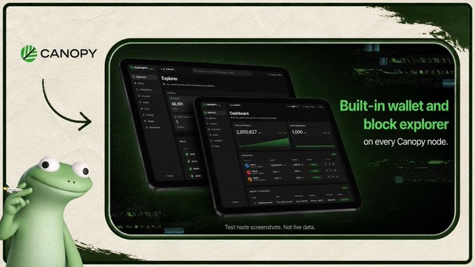A promotional graphic for Canopy featuring a green frog mascot alongside screenshots of the Canopy dashboard and block explorer, with the tagline 'Built-in wallet and block explorer on every Canopy node' and a note 'Test node screenshots. Not live data.'