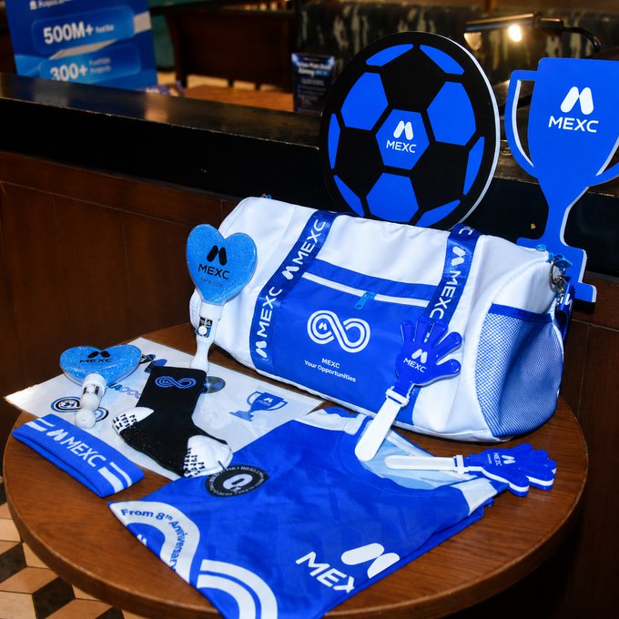 A display of MEXC-branded merchandise including a duffel bag, soccer ball, foam finger, hand clapper, socks, and other soccer-themed accessories arranged on a table. Visible text includes "MEXC," "500M+," "300+," "Your Opportunities," and "From 8's..." on various promotional items, showcasing fan giveaways tied to the post's theme of weekend essentials and community perks.