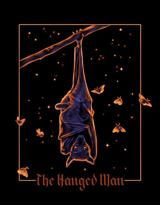 A tarot card illustration titled 'The Hanged Man' depicting a bat hanging upside down from a branch, surrounded by glowing stars and moths against a black background.