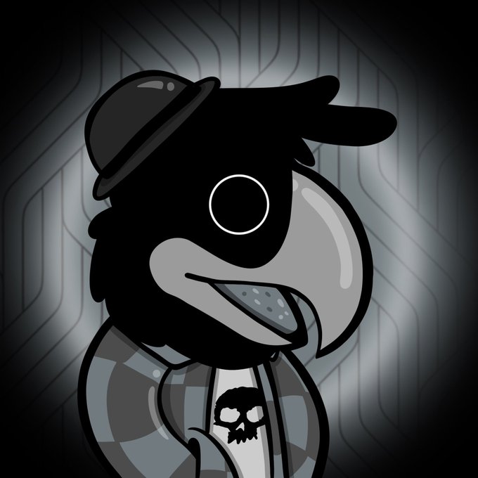 A cartoon illustration of a dark bird-like character wearing a bowler hat and a checkered jacket with a skull shirt.