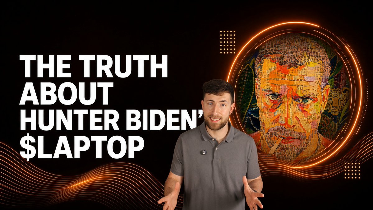 A man in a gray polo shirt stands before a graphic reading "THE TRUTH ABOUT HUNTER BIDEN'S LAPTOP" with an orange-lit portrait of Hunter Biden beside him.
