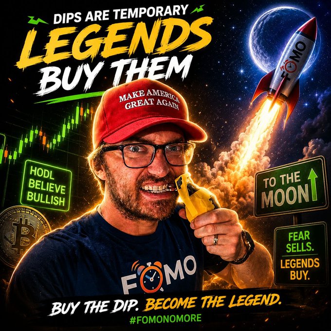An advertisement featuring a man in a red 'Make America Great Again' hat and glasses biting a Bitcoin, surrounded by text including 'DIPS ARE TEMPORARY', 'LEGENDS BUY THEM', 'HODL BELIEVE BULLISH', 'TO THE MOON', 'FEAR SELLS. LEGENDS BUY.', and 'BUY THE DIP. BECOME THE LEGEND. #FOMONOMORE'.