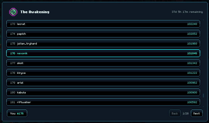 A leaderboard screen titled 'The Awakening' showing ranks 173-181 with user scores, where 'nexonik' holds rank 176 with 101840 points.