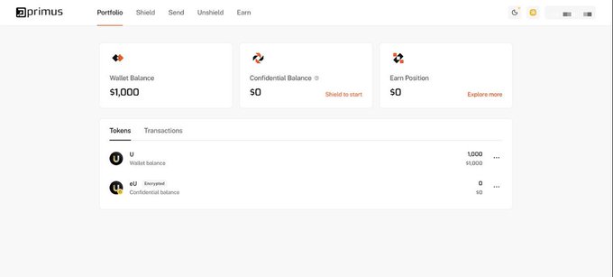 A screenshot of the 'primus' platform dashboard showing a Portfolio page with a Wallet Balance of $1,000, Confidential Balance of $0, and Earn Position of $0, along with Tokens and Transactions tabs.