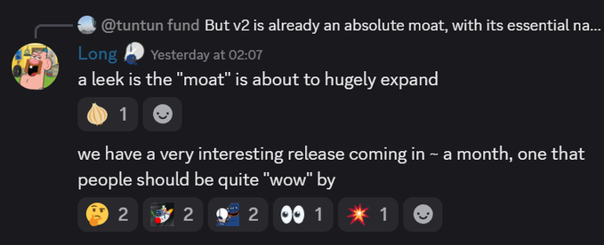 A screenshot of a Discord chat where user 'Long' posts that 'a leek is the "moat" is about to hugely expand' and mentions 'we have a very interesting release coming in ~ a month, one that people should be quite "wow" by', with various emoji reactions.