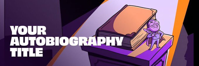 Purple-themed banner with the text 'YOUR AUTOBIOGRAPHY TITLE' next to an illustration of a character standing beside a large book.