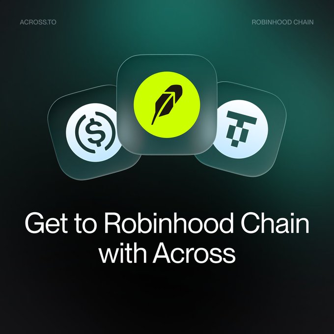 Promotional graphic with the text 'Get to Robinhood Chain with Across', showing the ACROSS.TO and ROBINHOOD CHAIN logos alongside icons for USDC and Robinhood.