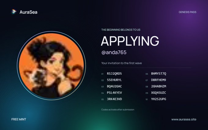 A 'Genesis Pass' application page from AuraSea for '@anda765' with the text 'THE BEGINNING BELONGS TO US APPLYING', featuring a profile picture and a list of activation codes.