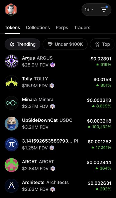 A cryptocurrency tracking app showing a list of trending tokens including Argus (ARGUS) up 919%, Tolly (TOLLY) up 851%, and Minara (Minara) up 8,619%.