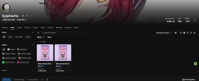 A screenshot of a Discord-like interface showing the 'Sylphette' profile with 2 NFTs from the 'Momo Dream Pack' collection, displaying a wallet value of $746.13 and stats showing 33% minted and 67% tokens.