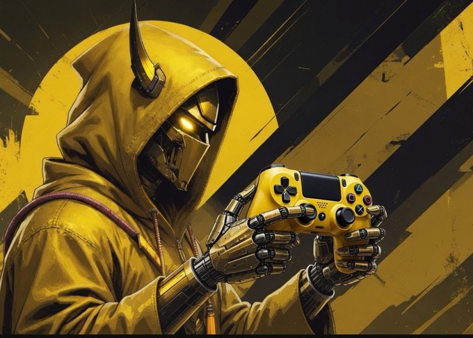 Stylized digital artwork of a yellow hooded figure with horn-like details and a robotic/mechanical hand holding a yellow PlayStation-style game controller.