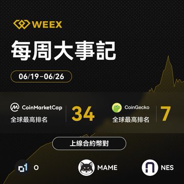 WEEX Weekly Highlights (06/19–06/26): #7 on CoinGecko, #34 on CoinMarketCap, with new contract trading pairs O, MAME, and NES, coinciding with a post highlighting top market performers like $BEAT, $DEXE, $JUP, $AAVE, and $ETHFI.