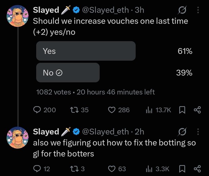 A screenshot of two tweets from @Slayed_eth asking followers whether to increase vouches (+2), with 61% voting Yes and 39% voting No, followed by a reply noting they are working on fixing botting.