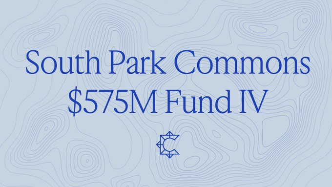 A light blue title slide reading 'South Park Commons $575M Fund IV' with a geometric logo below the text.