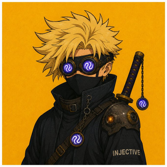 The image shows a stylized anime-style ninja character with spiky blonde hair, wearing black clothing, glowing blue goggles and matching pendant, and carrying a katana, with the word "INJECTIVE" visible on the jacket—visually tying to the post's discussion of Injective NFTs, though this character appears more futuristic than the Ghibli-inspired Yume no Michi piece mentioned.